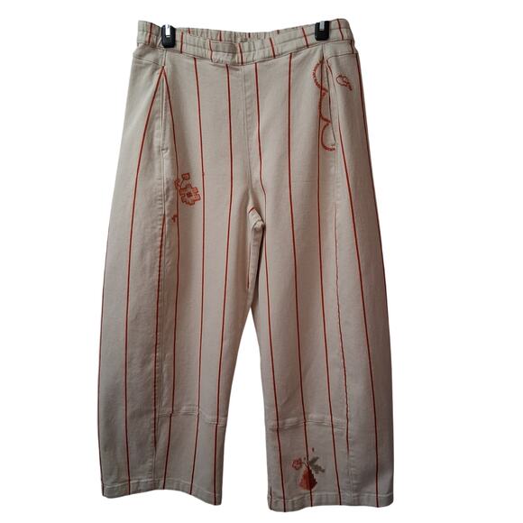 Anthropologie Pilcro The Izzie Barrel Pull on Pants Stripped Embroidery Women-M - Picture 1 of 10